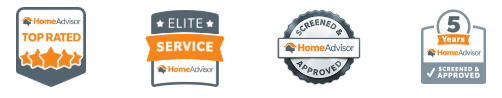 HomeAdvisor Top Rated, Elite Service, Screened & Approved, and 5 Years badges