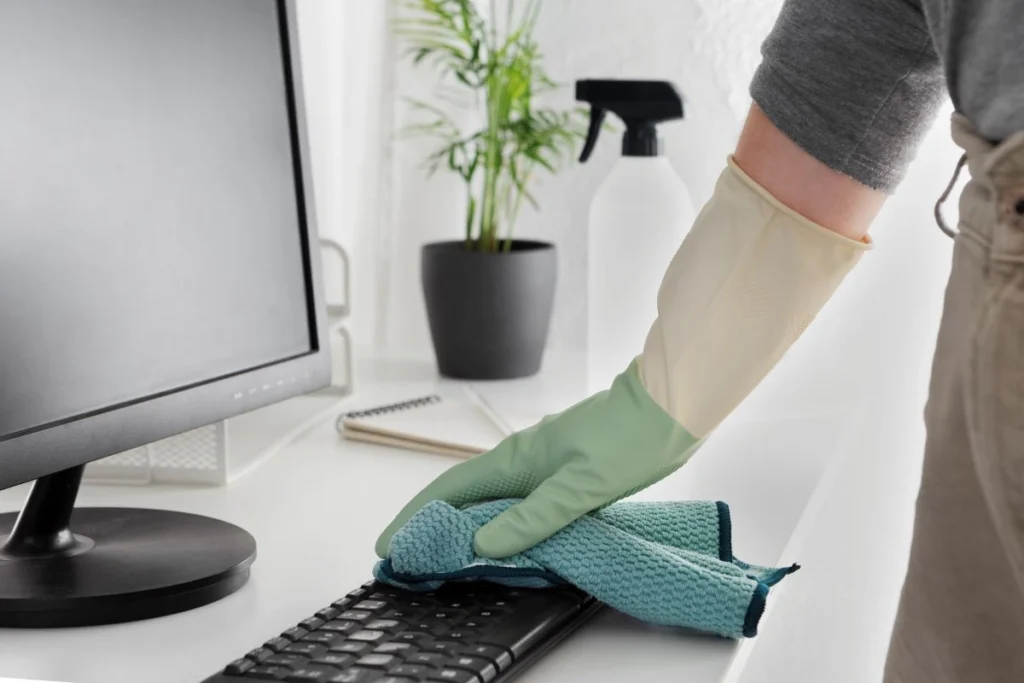 Professional cleaner wiping down a computer keyboard and desktop during an office cleaning in Greenville SC